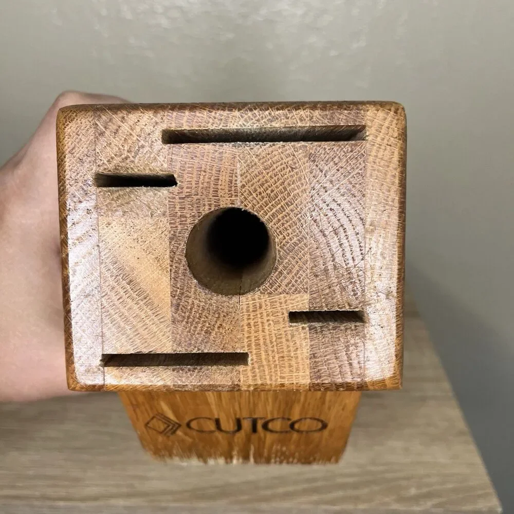 Practical CUTCO 5 Slot Knife Block In Solid Honey Oak Wood- Made Well In The USA